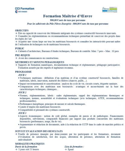 CCI - Formations sur les matériaux et systèmes constructifs biosourcés - Maîtrise d'Oeuvre -